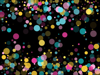 Memphis round confetti festive background in cyan blue, pink and yellow. Childish pattern vector.