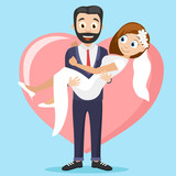 Groom holds the bride in his arms against the background of a big heart.