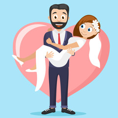 Groom holds the bride in his arms against the background of a big heart.