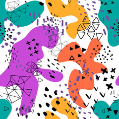 Creative doodle art header with different shapes and textures. Collage.Color splash abstract cartoon background or children playground banner design element. Overlay colorful spotty pattern .