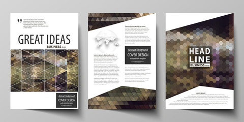 Business templates for brochure, magazine, flyer, annual report. Cover design template, vector layout in A4 size. Abstract backgrounds. Geometrical patterns. Triangular and hexagonal style.