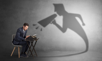 Hard working businessman shadow yelling to himself concept
