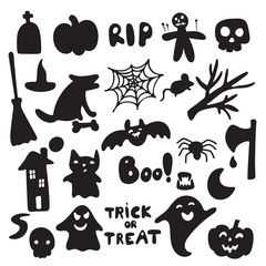Collection of halloween silhouettes icon and character. Witch, creepy and spooky elements for halloween decorations, silhouettes, sketch, icon, sticker. Hand drawn vector illustration
