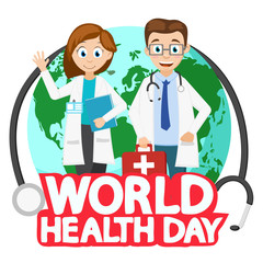 Doctors man and woman on background of planet earth. World health day.