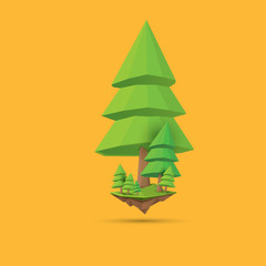 summer green low poly style tree isolated on orange background. Abstract Green tree design element for games and banners