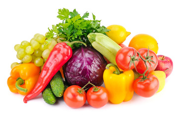 Assortment of fruits and vegetables isolated on white background.