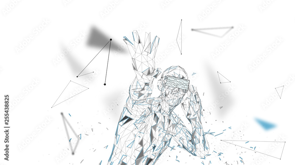 Poster man with glasses of virtual reality. future technology concept. abstract vr world with connecting li