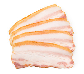 Sliced pieces of bacon on white. The form of the top.