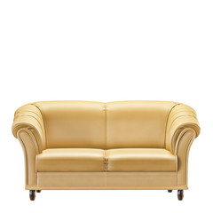 Leather soft yellow sofa on a white background 3d
