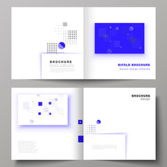 The vector illustration of the editable layout of two covers templates for square design bifold brochure, magazine, flyer, booklet. Abstract vector background with fluid geometric shapes.