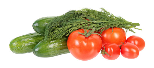 Fototapeta na wymiar Fresh green cucumbers, red tomatoes and bundle of green dill leaves isolated on white background. Ingredients for vegetable salad
