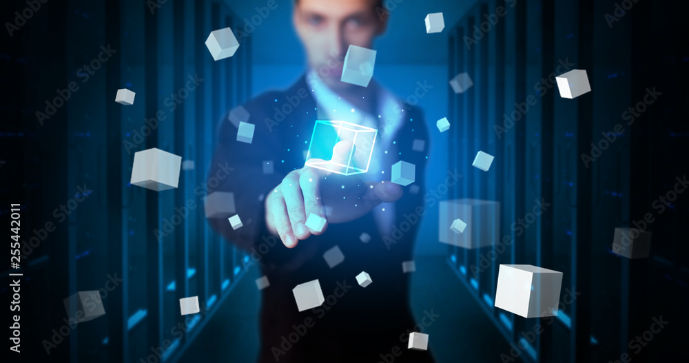 Aufkleber Man touching hologram screen displaying cube symbols
