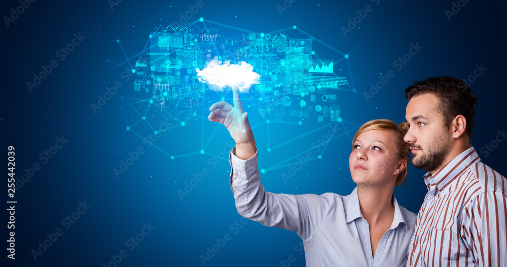 Poster Man and woman touching hologram projection displaying information from cloud based system
