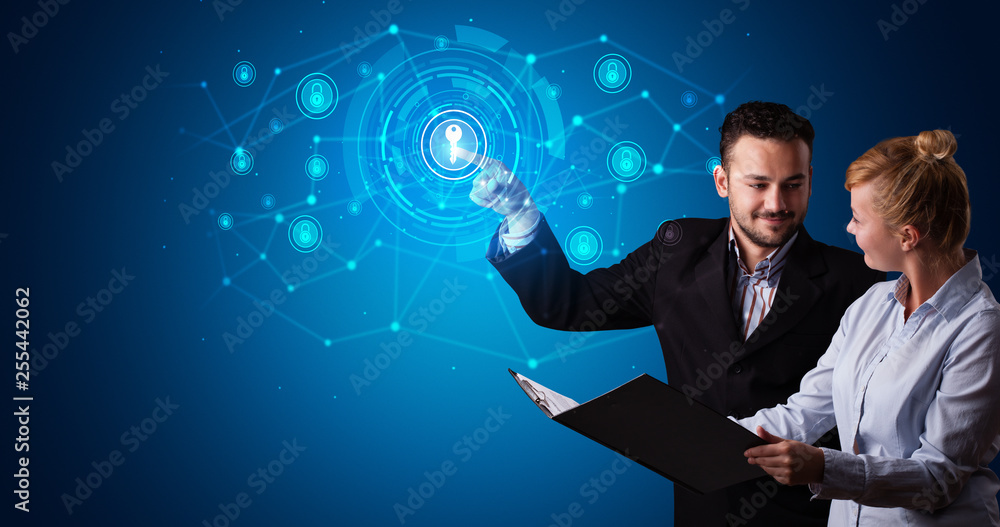 Poster Man touching hologram screen displaying keys and locks