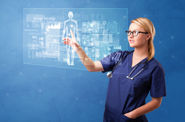 Doctor touching blue screen with full body analyze concept
