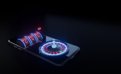 Obraz premium Slot Machine And Roulette Wheel On The Smartphone With Futuristic Neon Lights - 3D Illustration