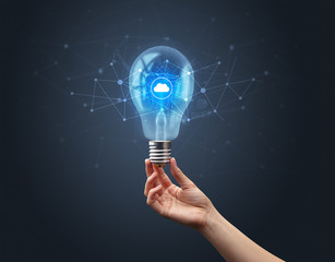 Hand holding light bulb on dark background. Networking idea concept