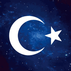 Vector. White Turkish logo, symbol moon with a star on a cosmic background. The phase of the moon. Simple template, stylization