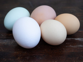 A group of ecological eggs of various colors, white eggs, blue eggs and brown eggs