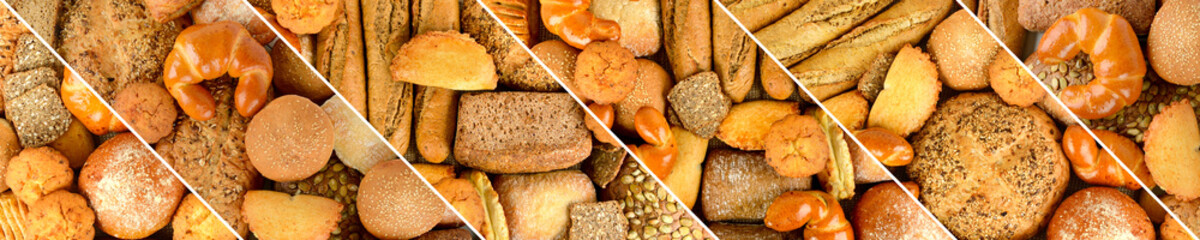 Panoramic set fresh bread products. Wide format.