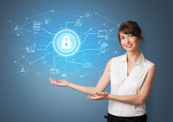 Young smiling person presenting office cloud technology concept
