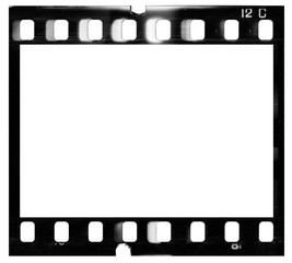Film strip template with frame, empty black and white 135 type (35mm) film with scratches, cracks and light leaks isolated on white background with work path.