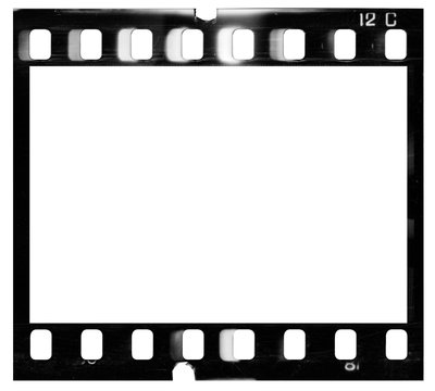 Film strip template with frame, empty black and white 135 type (35mm) film with scratches, cracks and light leaks isolated on white background with work path.