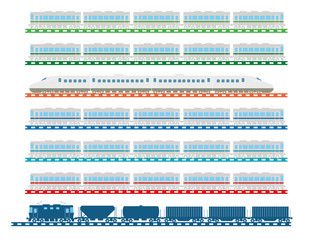 鉄道・電車のイラスト、アイコン｜JR各社のイメージカラーの通勤型電車と新幹線、貨物列車 © globeds