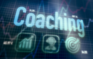 Coaching concept on a blue dot matrix computer display.