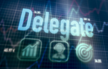 Delegate concept on a blue dot matrix computer display.