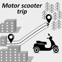 Vector, flat image of the route between the city and the forest. Motor scooter trip from the city to the forest. Active rest on a motor scooter.