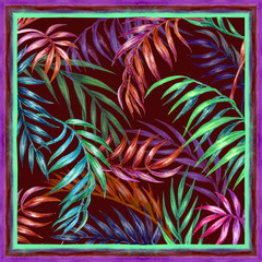 Floral tropical print for a scarf, ornament for a shawl with palm leaves. Graphic composition for various designs with multi-colored palm branches on a burgundy background and stripes along the edges.