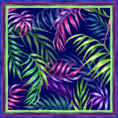 Floral tropical print for a scarf, ornament for a shawl with palm leaves. Graphic composition for various designs with multi-colored palm branches on a blue background and stripes along the edges.
