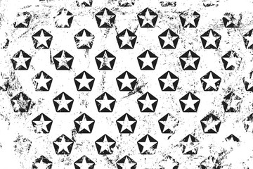 Grunge pattern with stars in pentagons. Horizontal black and white backdrop.
