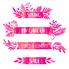 Templates and frames for headers. Set of illustrations with flowers. Freehand drawing