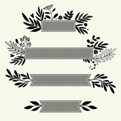 Templates and frames for headers. Set of illustrations with flowers. Freehand drawing