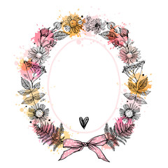 Template greeting card or invitation with plants. Sketch. Freehand drawing with space for text