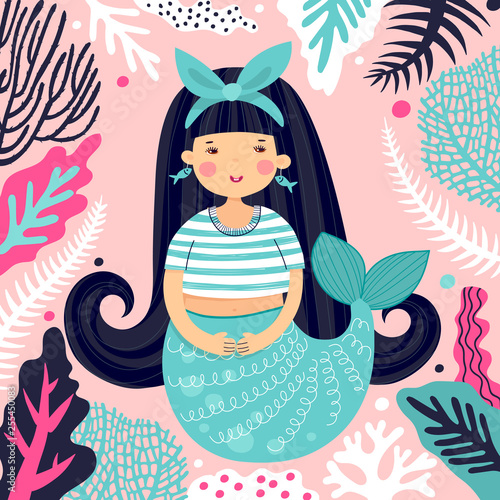 Illustration with a girl. Mermaid in cartoon style
