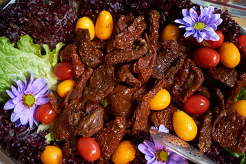 Healthy food tray background, close-up. Catering wedding buffet table 
