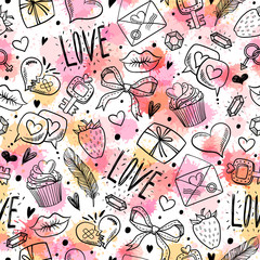 Seamless pattern with decorative elements for Valentine's Day. Freehand drawing