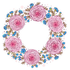 Template greeting card or invitation with flowers. Freehand drawing