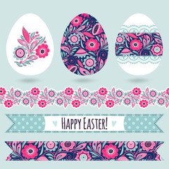 Set with easter eggs and decorative elements. Floral seamless border and ribbons