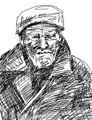 Worker in warm clothes and hat. Portrait of a lonely elderly man. Pencil sketching. Black isolated drawing. Vector.