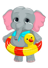 Cartoon elephant with inflatable ring. It can be used for baby t-shirt design