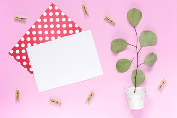 Top view on A sprig with leaves in a white bucket with a white greeting card on a plain pink background with an area for text.