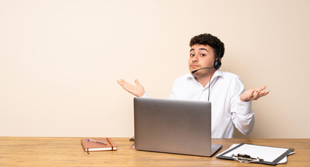 Telemarketer man making doubts gesture