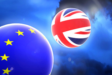Brexit concept. Planets of United Kingdom and European Union in The Universe. Union Jack and EU flag. 3D rendering.