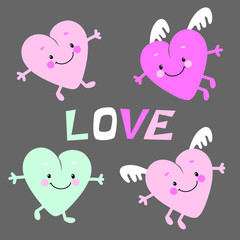Cute set of vector drawings of pink and blue hearts with an inscription love.