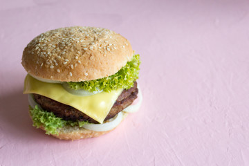 Delicious homemade burger with beef, cheese and salad. Copy space