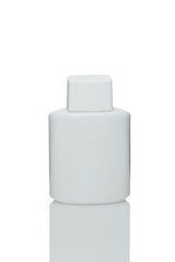 White plastic cosmetic bottle. Cream, soups, foams, shampoo bottle in a realistic style isolated on white background.